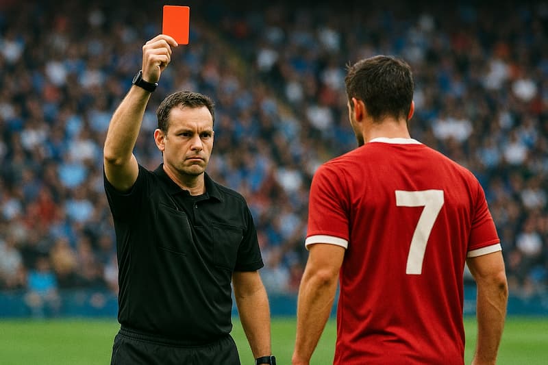 Árbitro aplicando cartão vermelho em jogador de futebol