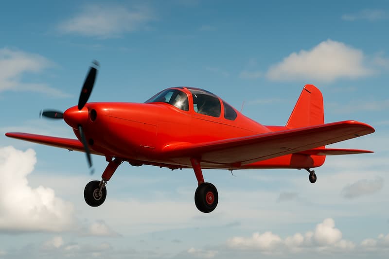 Avião vermelho voando no céu azul com nuvens
