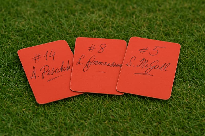 cartões vermelhos personalizados com nomes de jogadores de futebol sobre grama