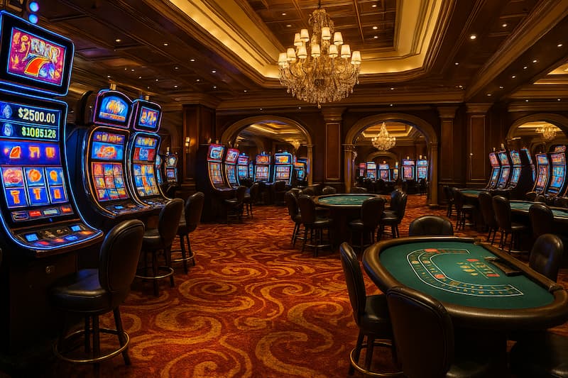 interior de cassino com mesas de jogos e máquinas caça-níqueis iluminadas