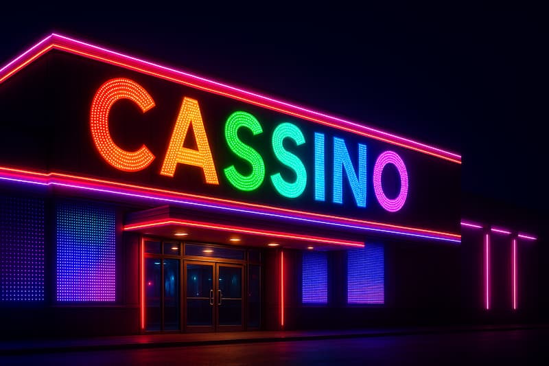 fachada de cassino com letreiro neon colorido durante a noite