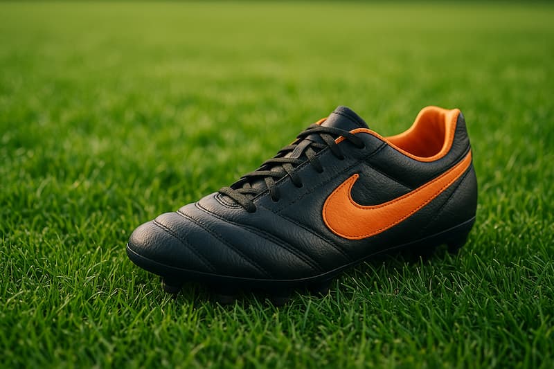 Chuteira de futebol preta com detalhes laranja sobre gramado verde