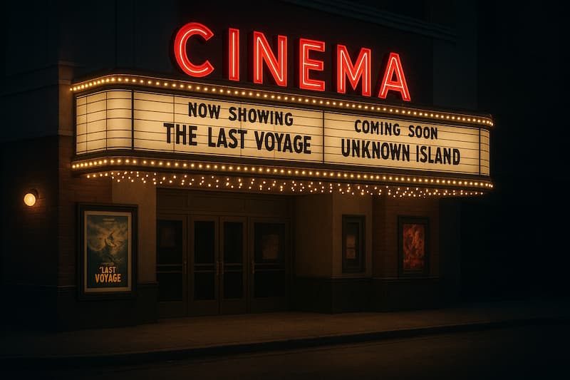Fachada de cinema iluminada à noite com letreiro exibindo os filmes “The Last Voyage” e “Unknown Island”