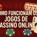 Cartaz ilustrativo com fichas cartas dados e máquina 777 representando cassino online