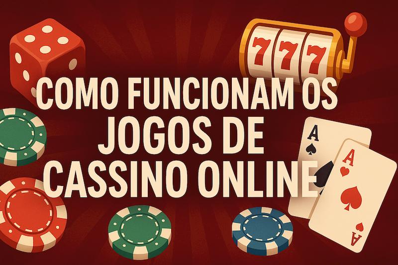 Cartaz ilustrativo com fichas cartas dados e máquina 777 representando cassino online