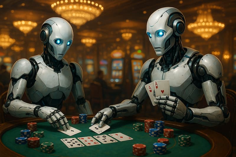 dois robôs jogando cartas em uma mesa de cassino com fichas de apostas