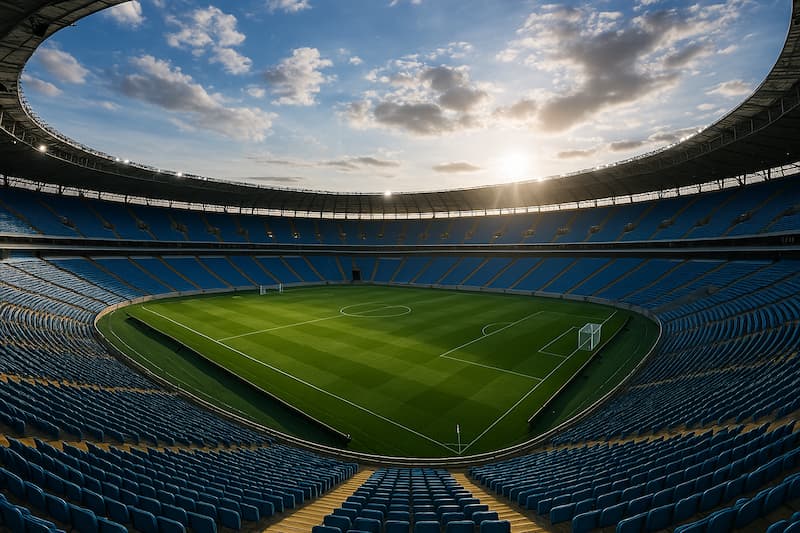 Estádio de futebol vazio ao entardecer, ideal para apostas esportivas