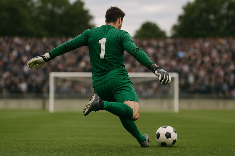 Goleiro chutando a bola em partida de futebol com estádio cheio
