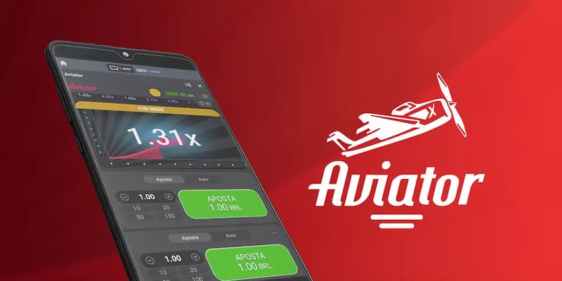 Tela do jogo Aviator exibida em um smartphone com fundo vermelho e logo do jogo