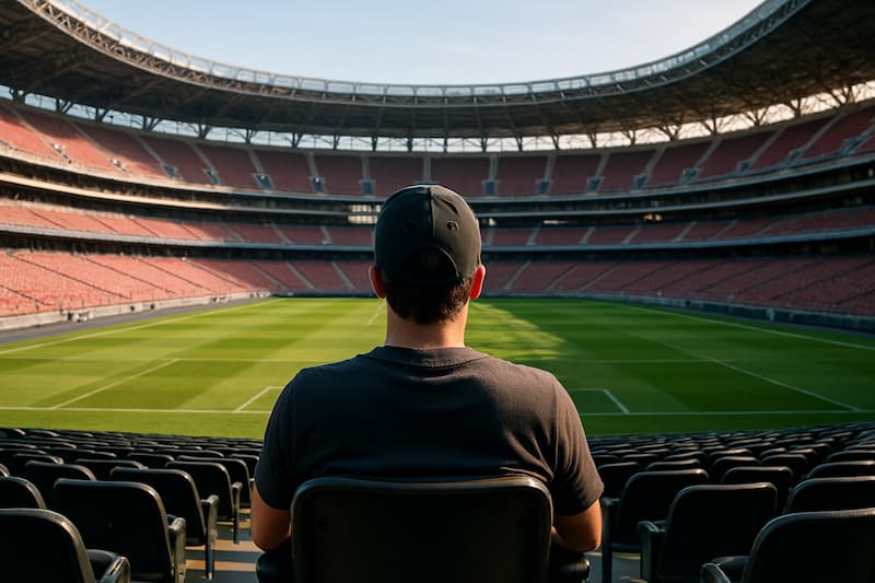 Homem sentado em estádio de futebol vazio, refletindo antes de apostar