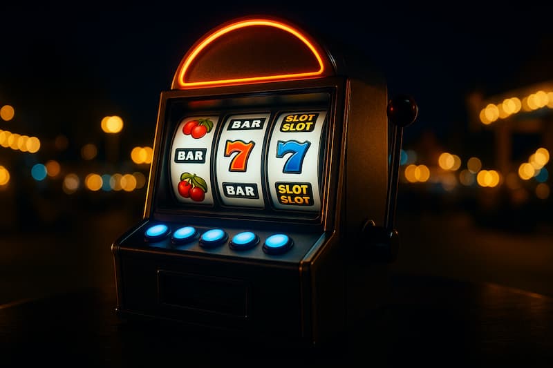 máquina de slot iluminada em um cassino durante a noite