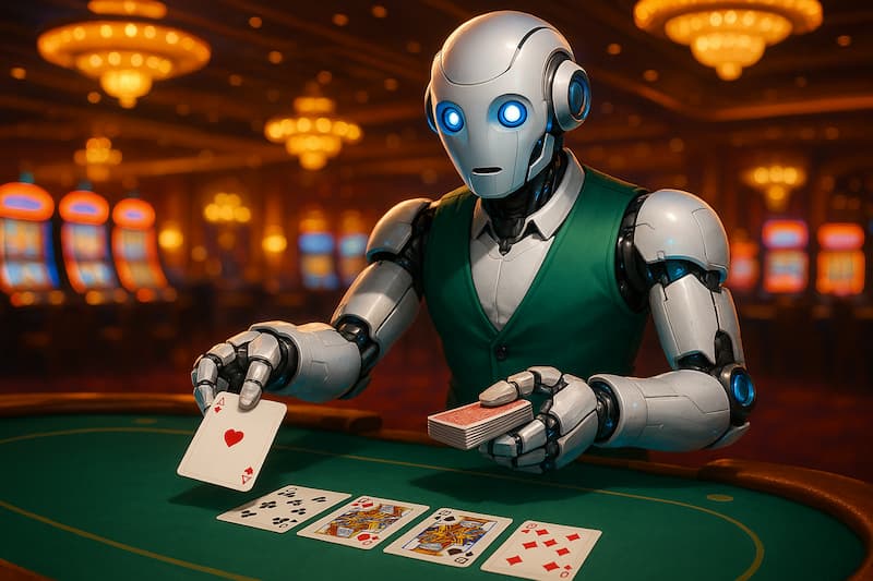 robô crupiê distribuindo cartas em uma mesa de cassino com inteligência artificial