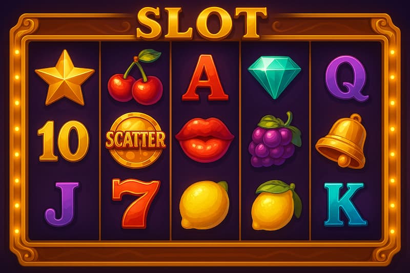 Tela de slot com símbolos clássicos em cassino digital