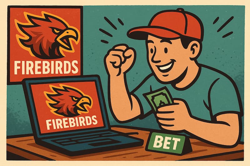  ilustração de torcedor animado apostando online no time Firebirds para apostas esportivas