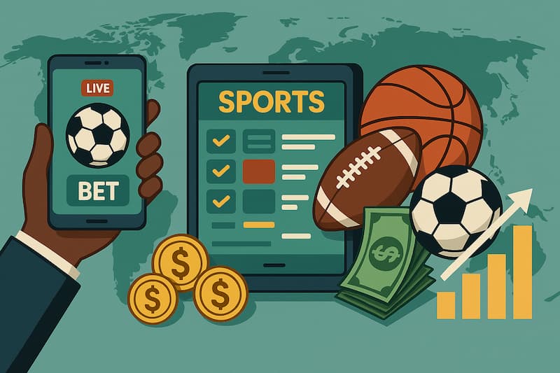  imagem de apostas esportivas com celular, tablet, moedas e esportes variados