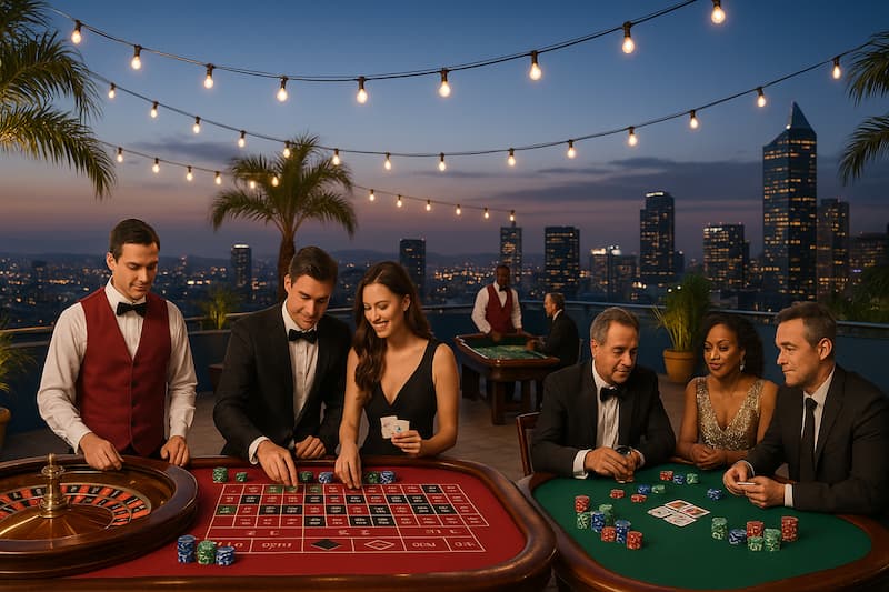  Pessoas jogando em cassino de luxo ao ar livre com vista urbana