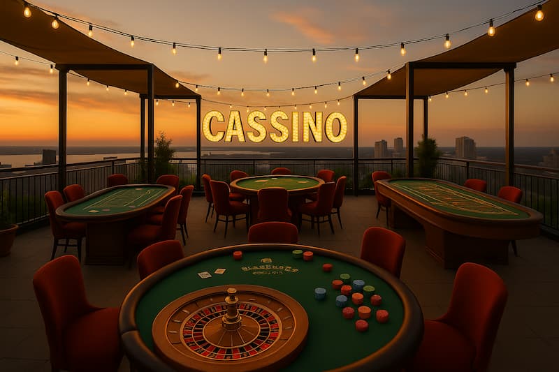 Cassino ao ar livre no topo de um prédio com mesas de jogo