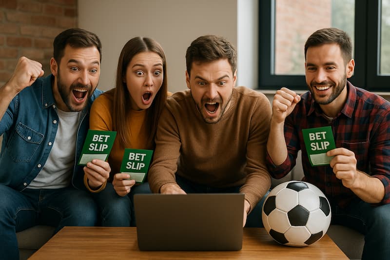  Grupo de amigos comemorando apostas em frente ao notebook com cupons de casa de aposta