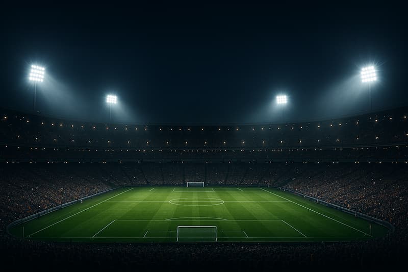 Estádio de futebol iluminado à noite, visto de cima. Perfeito para apostas esportivas