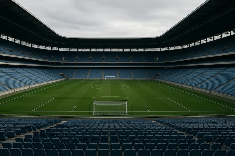 estádio de futebol vazio com cadeiras azuis e campo verde para apostas esportivas