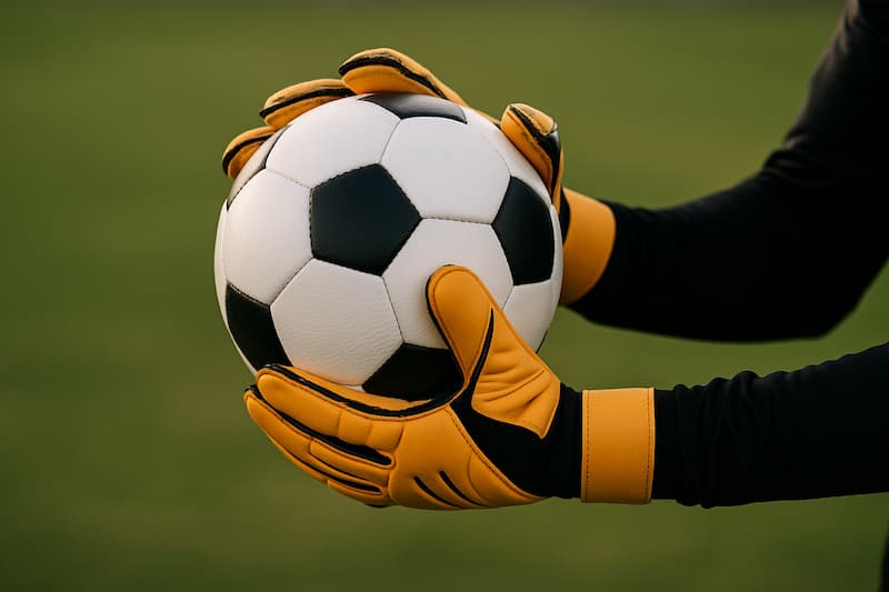 Goleiro segurando bola de futebol com luvas laranja para as apostas esportivas