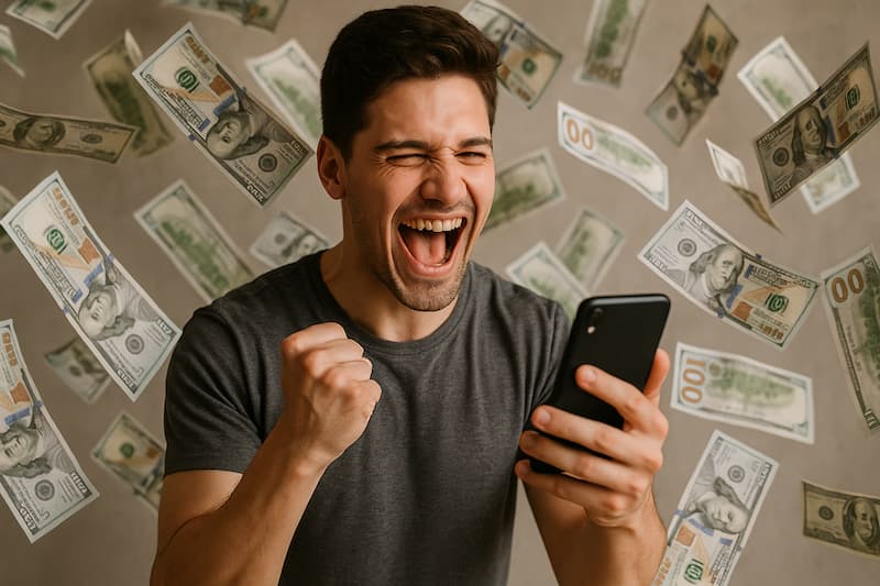  Homem comemorando vitória em apostas com notas de dinheiro ao fundo
