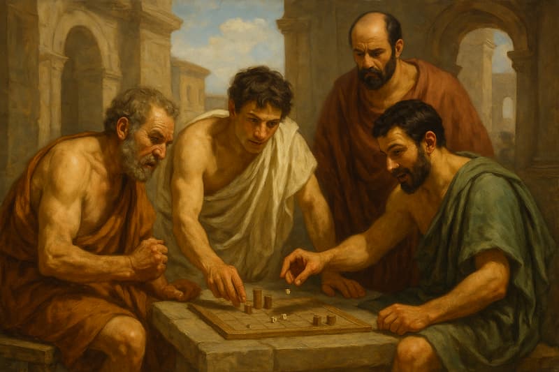 homens na antiguidade jogando dados em uma mesa de pedra fazendo apostas