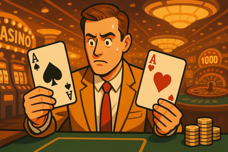 Homem preocupado com cartas de baralho em cassino