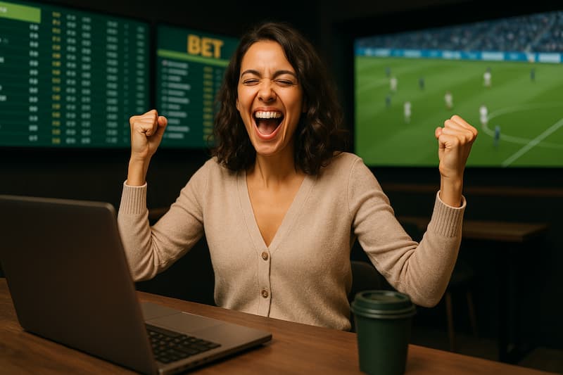 Mulher comemorando vitória em casa de aposta online