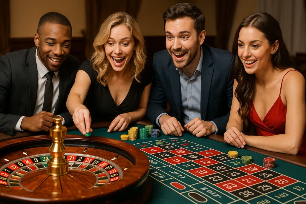 Pessoas jogando roleta em um cassino elegante