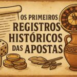 ilustração sobre registros históricos das apostas com roleta, dados e pergaminho
