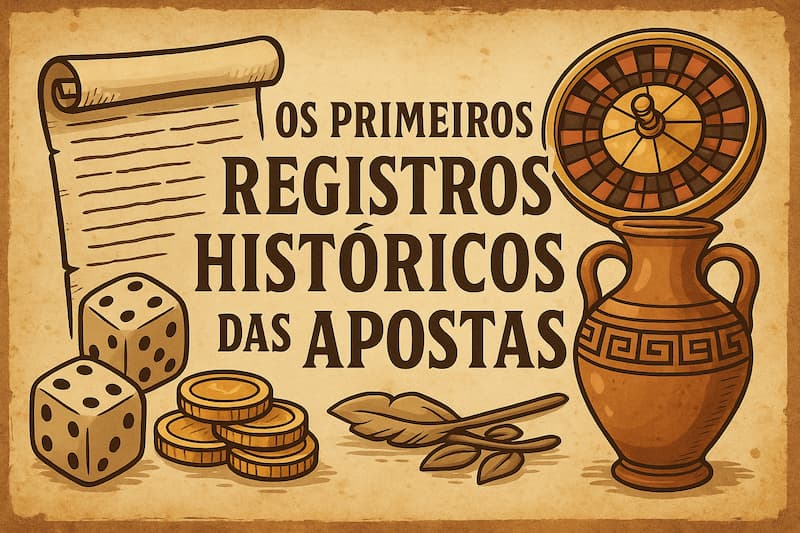 ilustração sobre registros históricos das apostas com roleta, dados e pergaminho