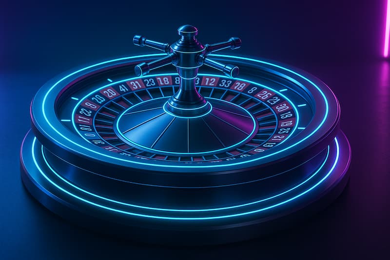 Roleta futurista com iluminação neon em cassino moderno