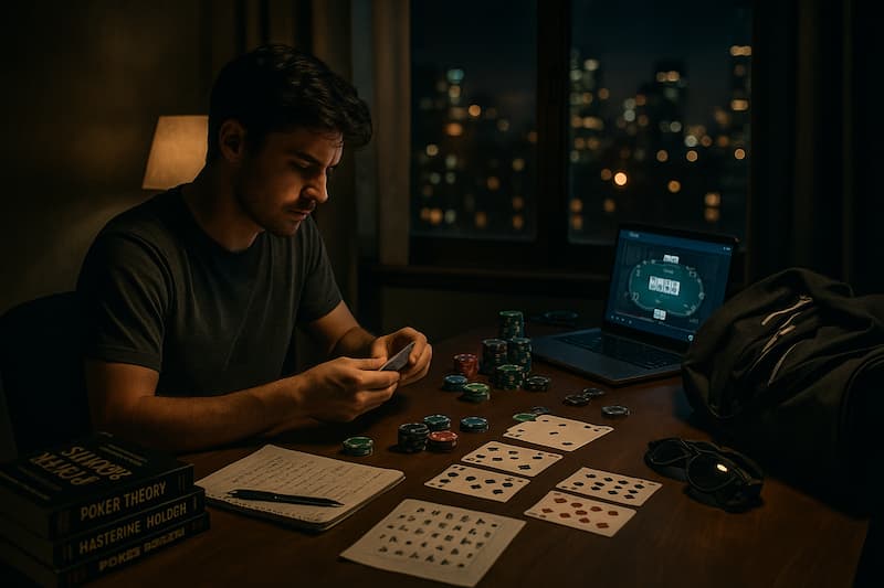 Jogador estudando estratégias de poker em ambiente noturno